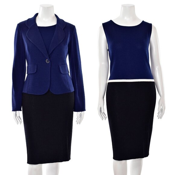 St. John Knits 2Pc Jacket & Colorblock Dress Suit in Navy/White/Black sz 14